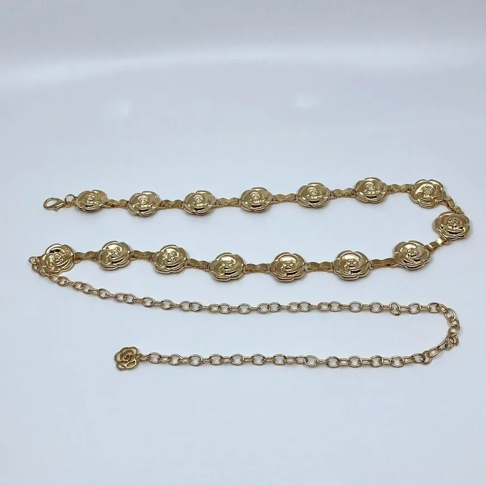 Vintage Y2K Coquette Gold Rose Chain Belt, Fits 25–44 Inches, X7GA1200